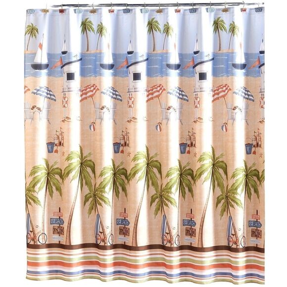 Catching Rays Beach Shower Curtain Tropical Ocean Sailboat Palm Trees Bath Gift - Picture 1 of 3